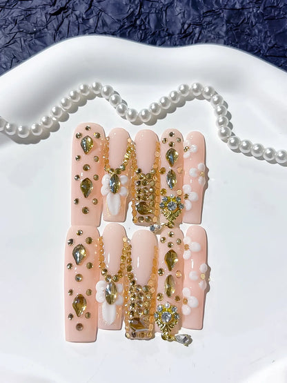 Long Pink Nude Square Solid color Flower Rhinestone