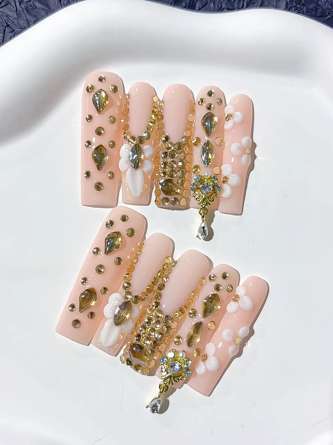 Long Pink Nude Square Solid color Flower Rhinestone