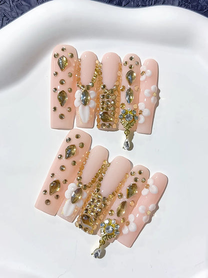 Long Pink Nude Square Solid color Flower Rhinestone