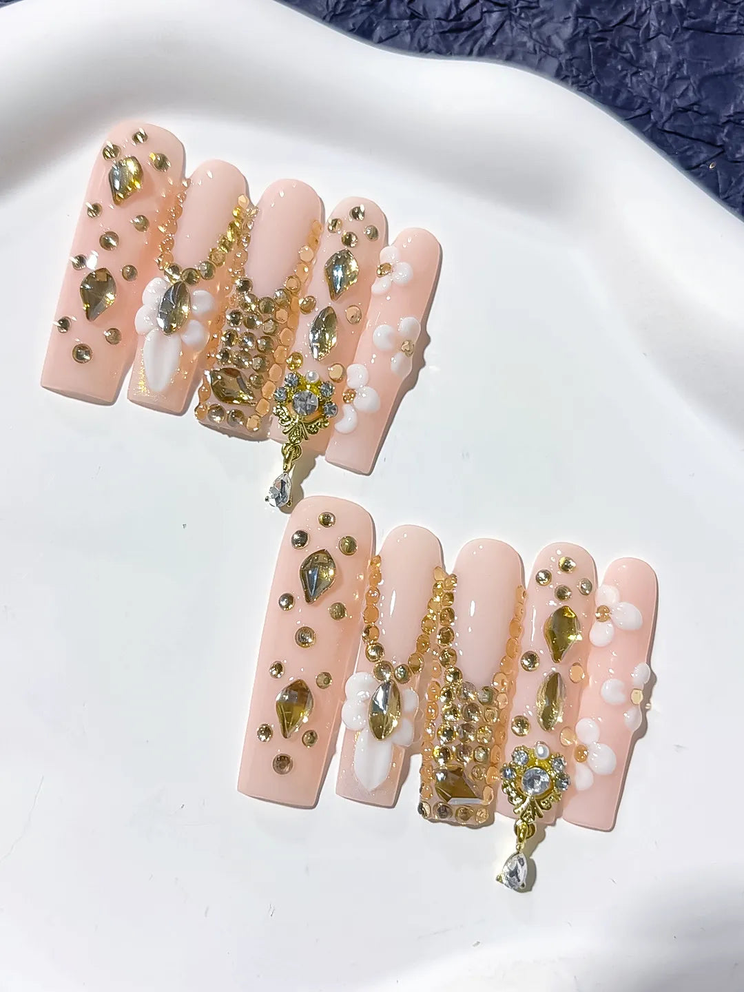 Long Pink Nude Square Solid color Flower Rhinestone