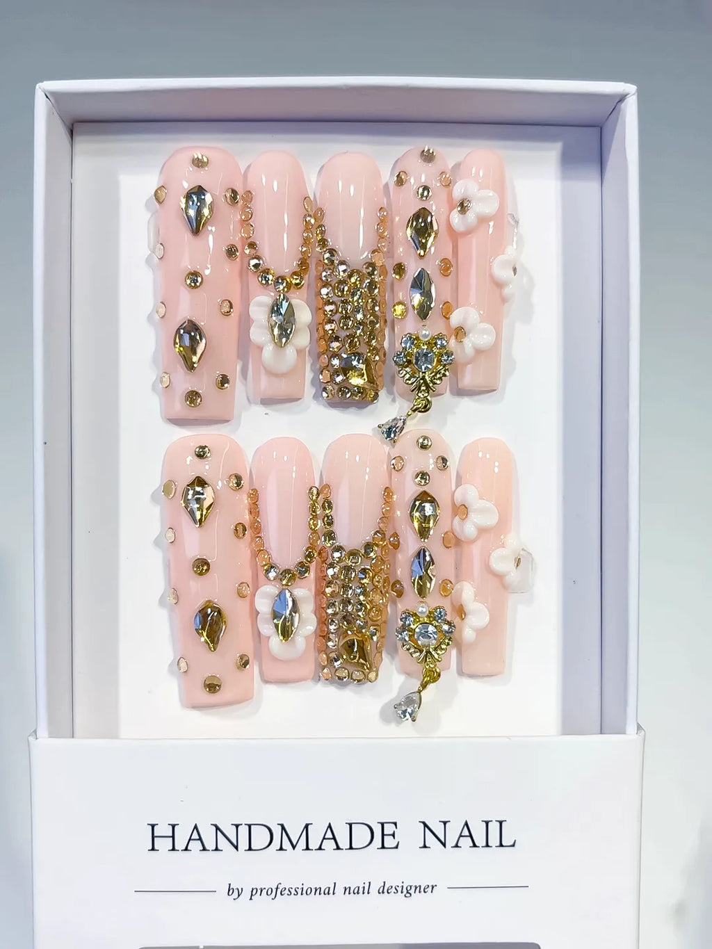 Long Pink Nude Square Solid color Flower Rhinestone
