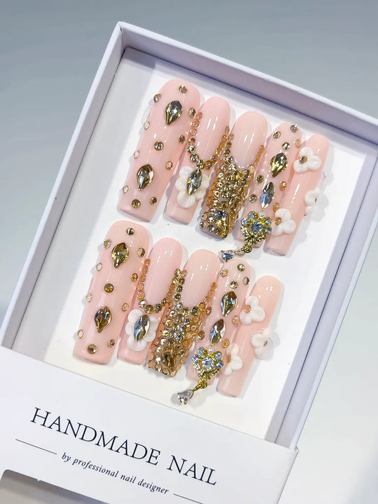 Long Pink Nude Square Solid color Flower Rhinestone
