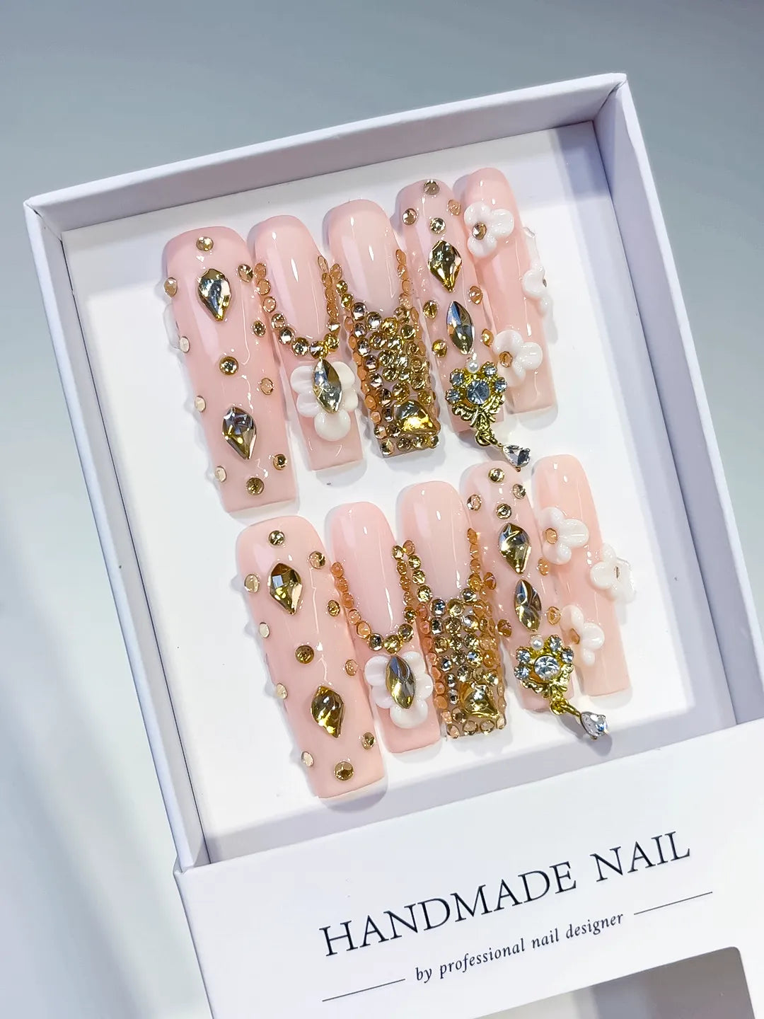 Long Pink Nude Square Solid color Flower Rhinestone