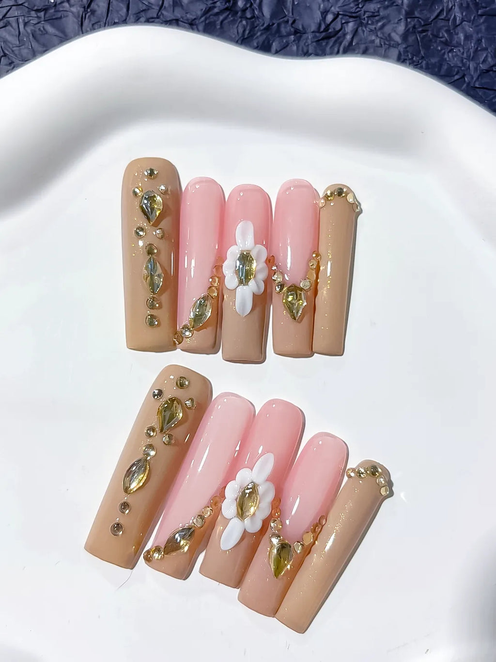 Long Nude Pink Square Solid color Flower Rhinestone