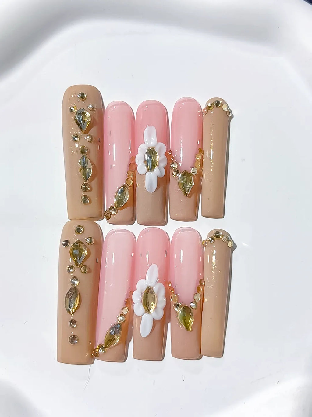 Long Nude Pink Square Solid color Flower Rhinestone