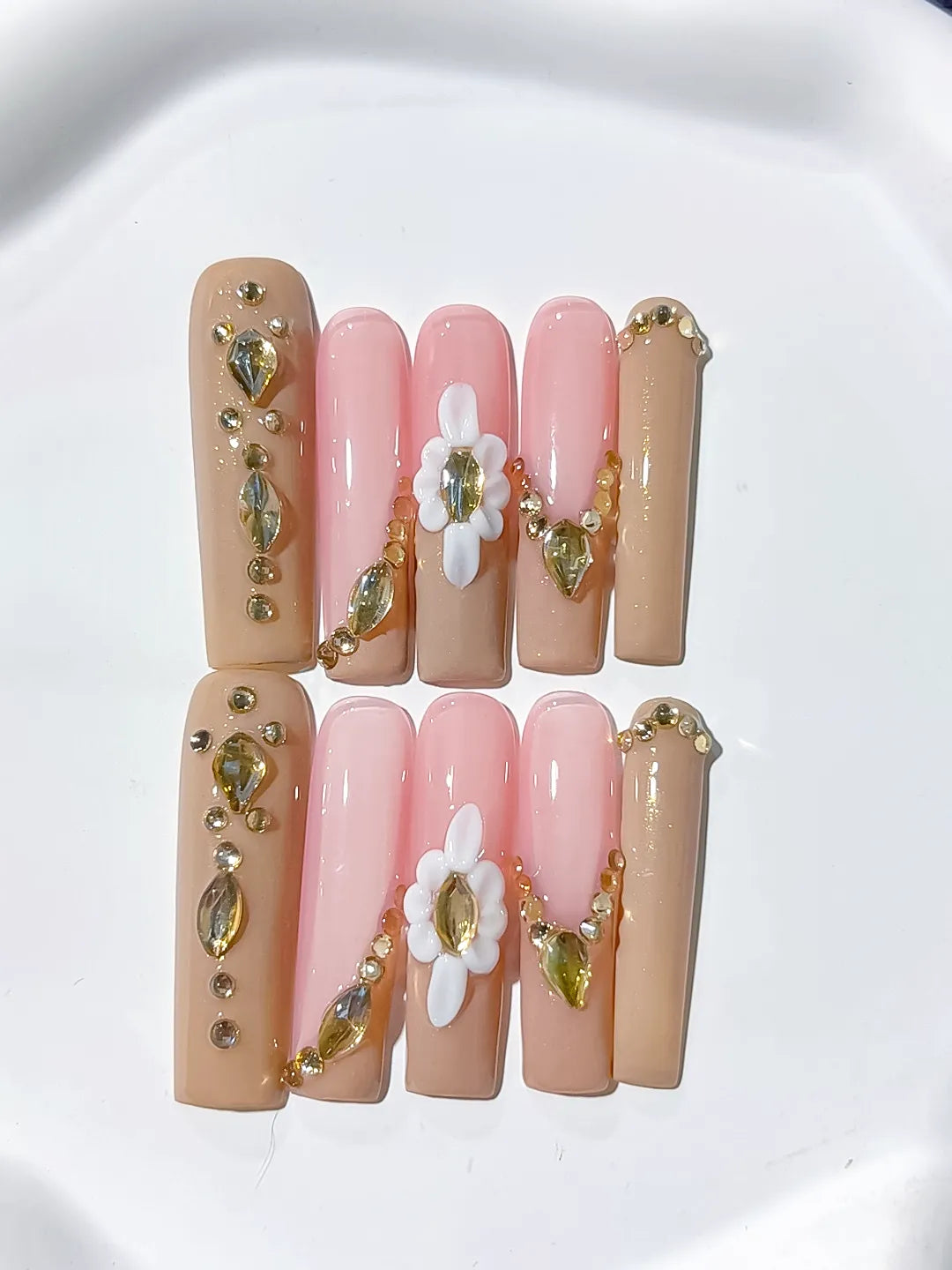 Long Nude Pink Square Solid color Flower Rhinestone
