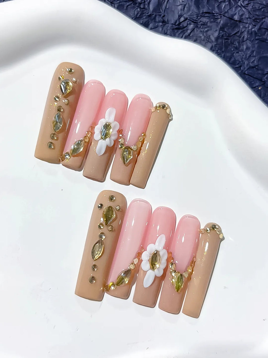 Long Nude Pink Square Solid color Flower Rhinestone