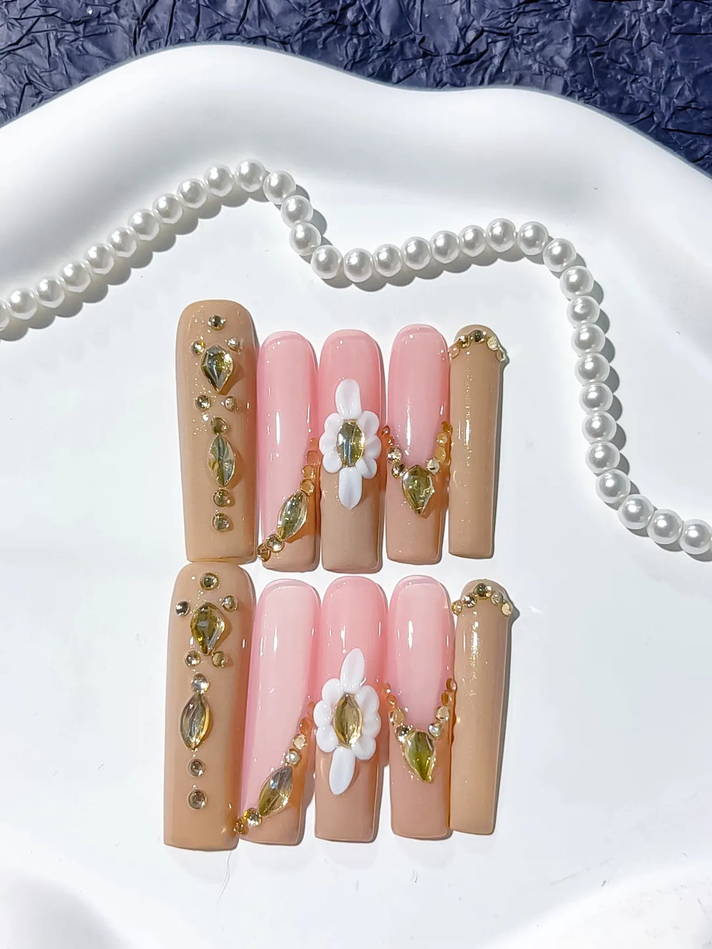 Long Nude Pink Square Solid color Flower Rhinestone