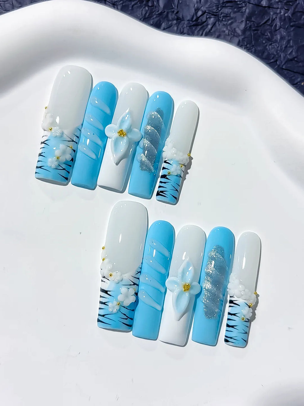 Long White Blue Square Abstract Flower Glitter