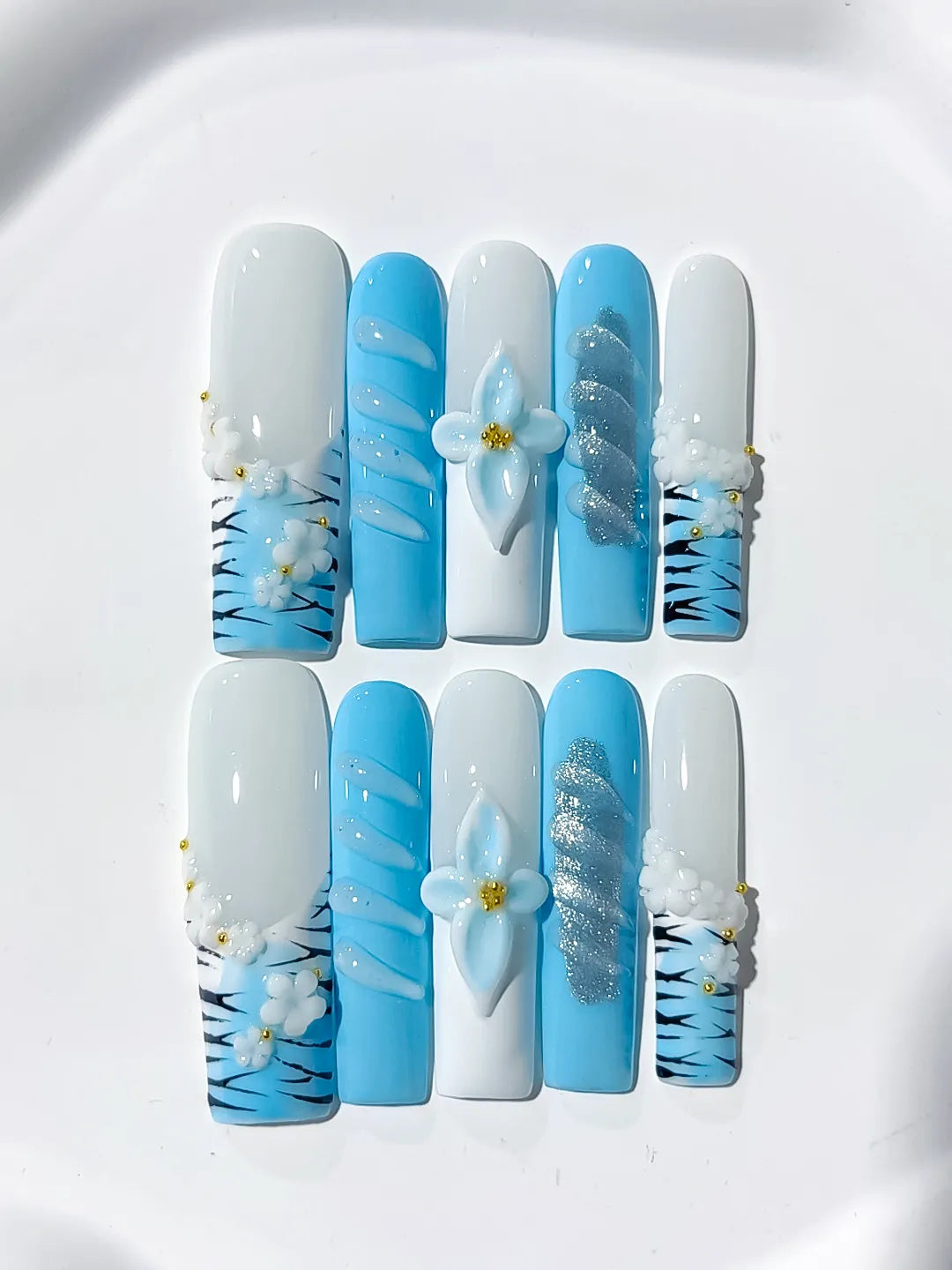 Long White Blue Square Abstract Flower Glitter