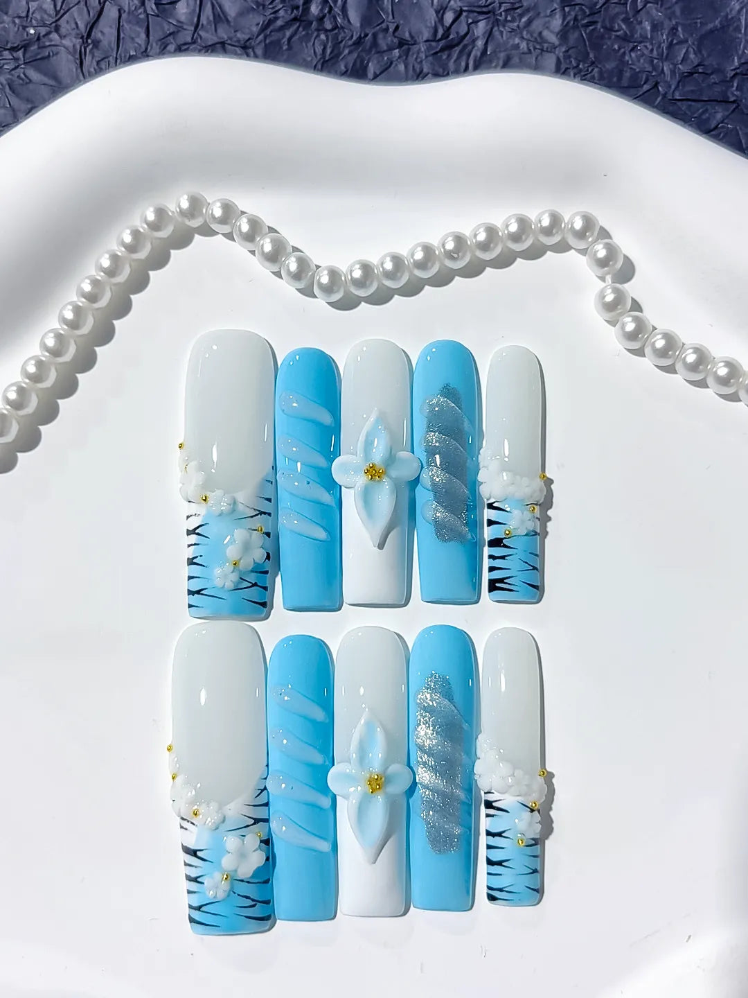 Long White Blue Square Abstract Flower Glitter
