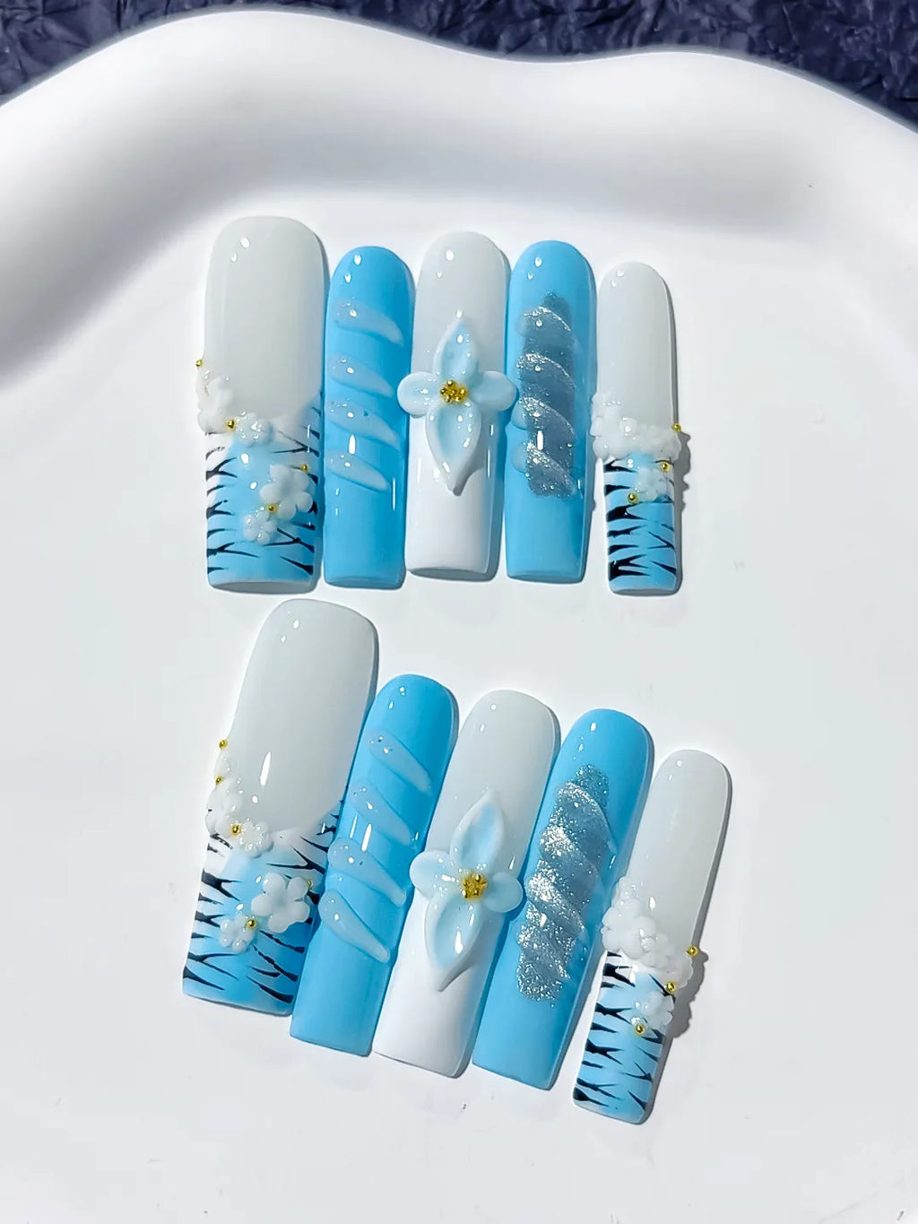 Long White Blue Square Abstract Flower Glitter