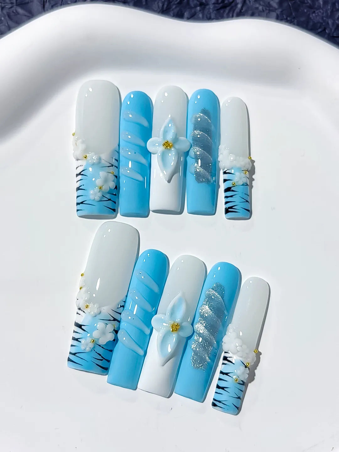 Long White Blue Square Abstract Flower Glitter