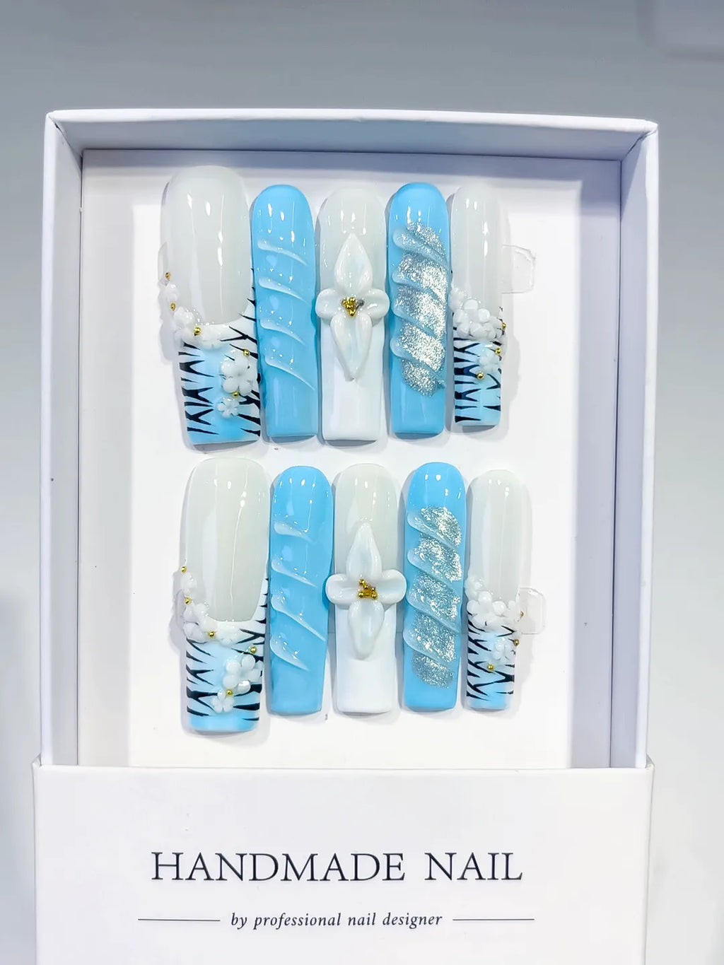 Long White Blue Square Abstract Flower Glitter