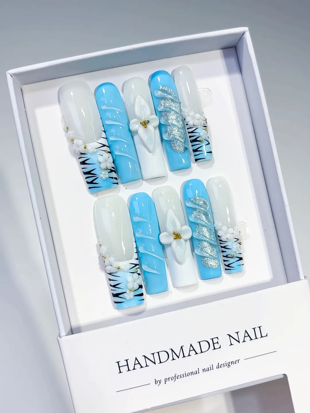 Long White Blue Square Abstract Flower Glitter