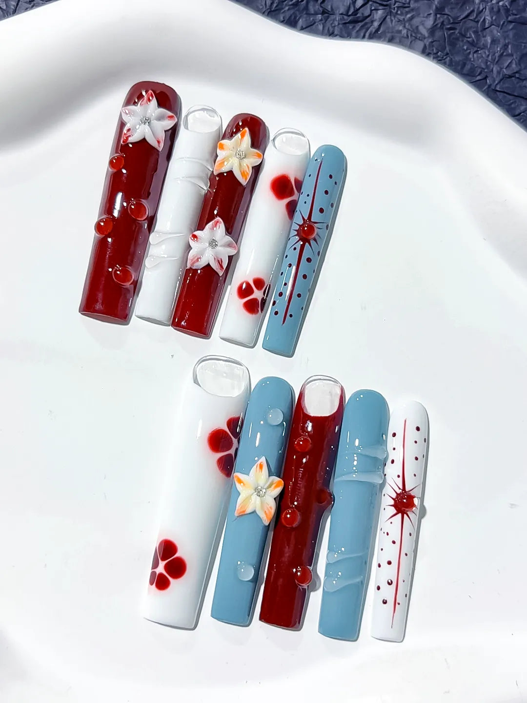 Long Red White Square Abstract Flower Dot