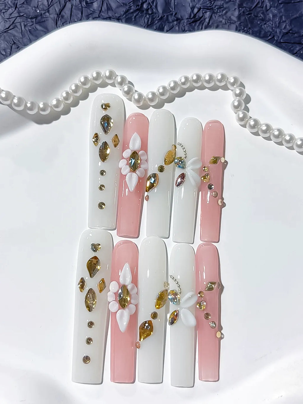 Long White Pink Square Solid color Flower Rhinestone