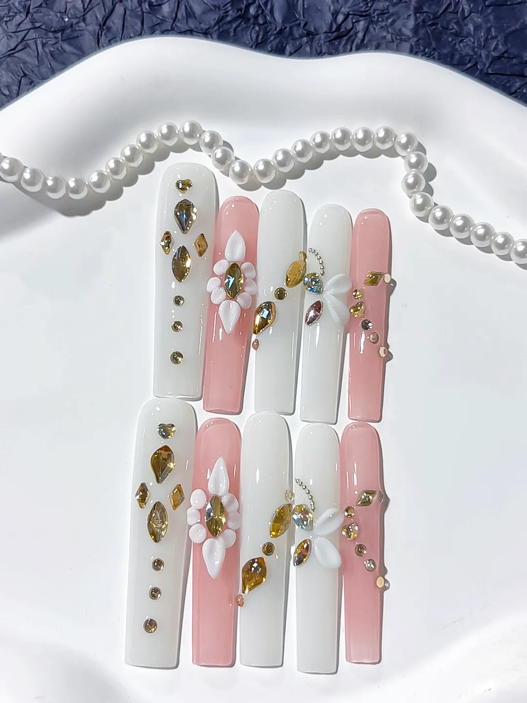 Long White Pink Square Solid color Flower Rhinestone