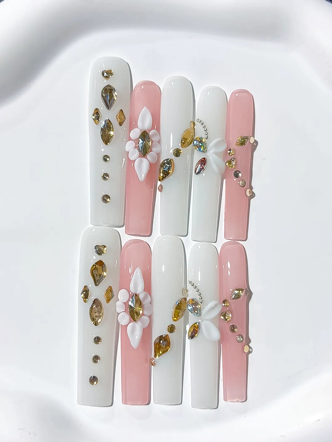 Long White Pink Square Solid color Flower Rhinestone