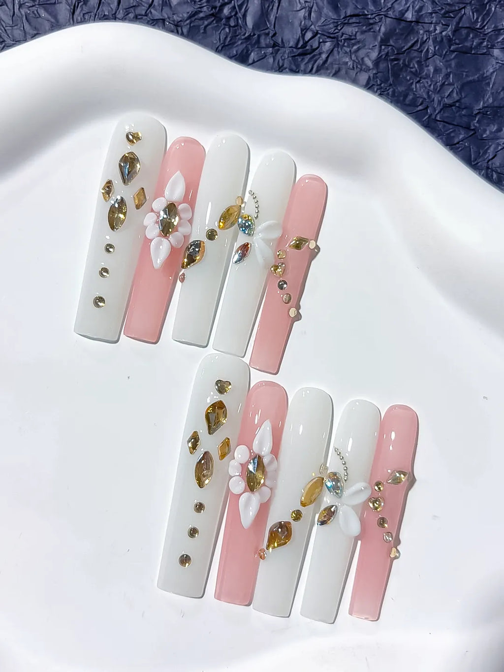 Long White Pink Square Solid color Flower Rhinestone