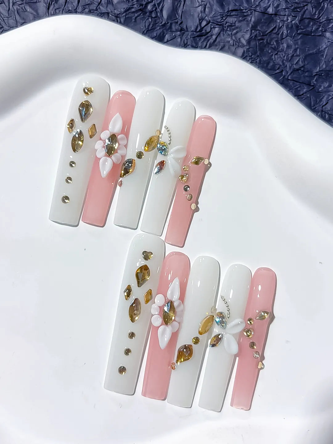 Long White Pink Square Solid color Flower Rhinestone