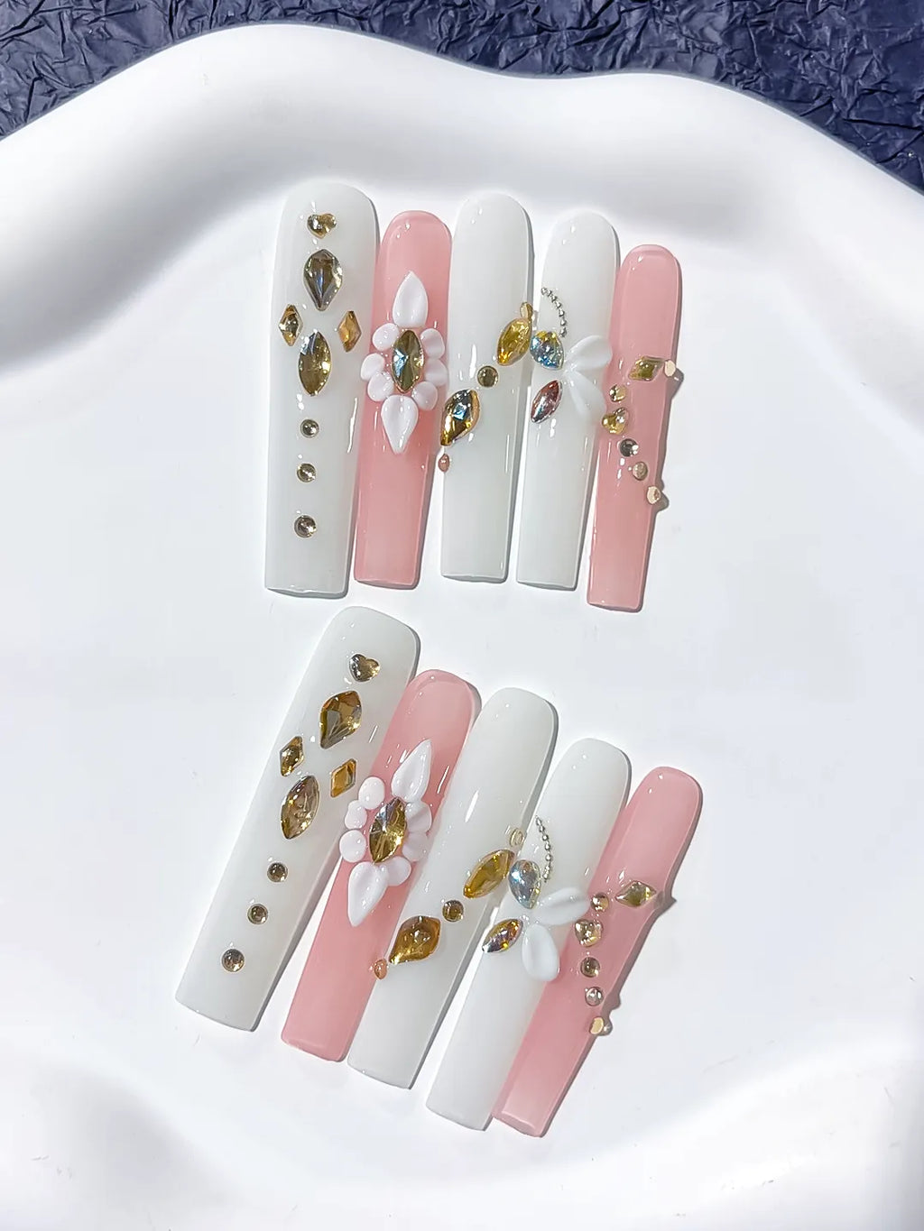 Long White Pink Square Solid color Flower Rhinestone