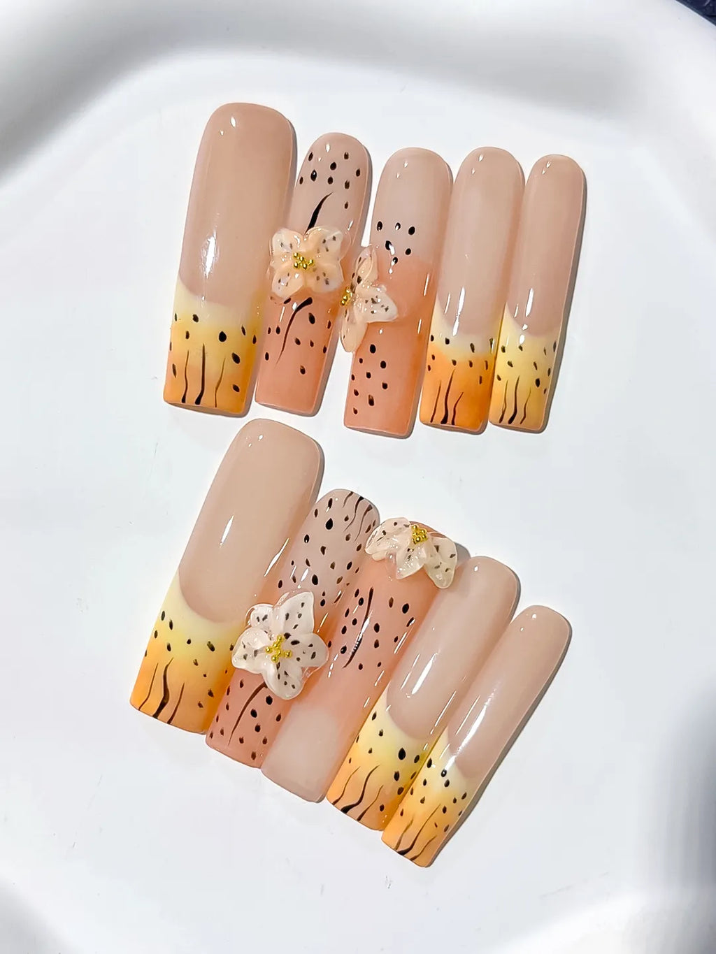 Long Nude Orange Square Abstract Flower Animal Print