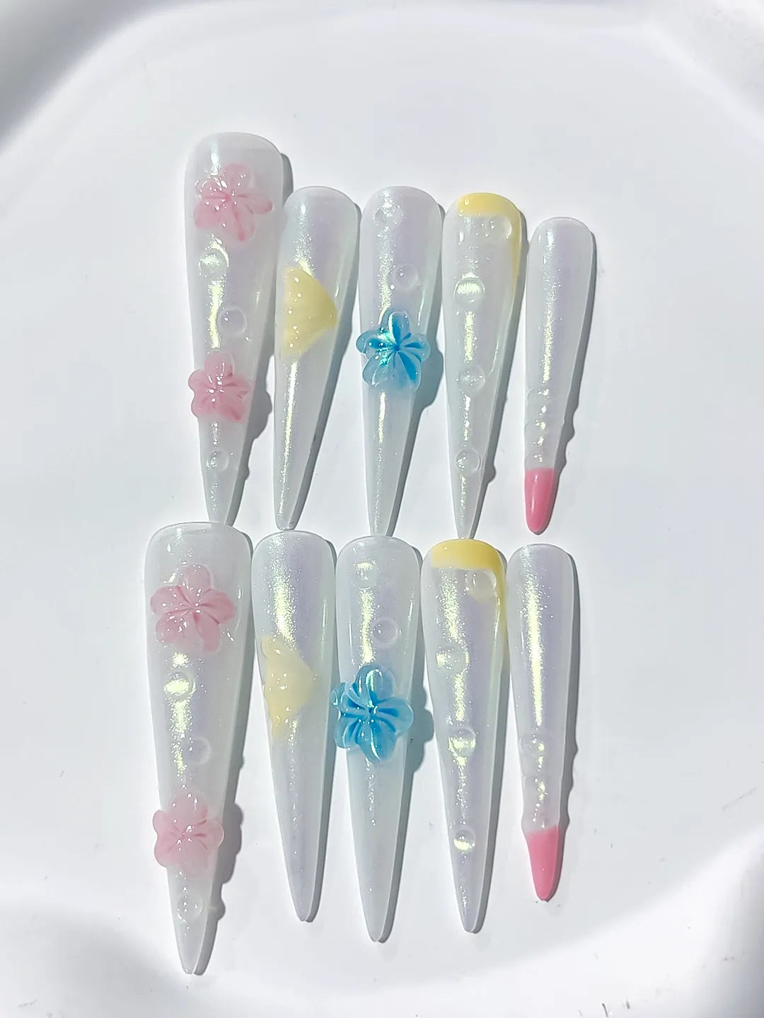Long White Pink Stiletto Holographic Flower Pearl