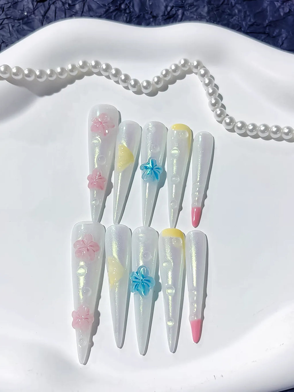 Long White Pink Stiletto Holographic Flower Pearl