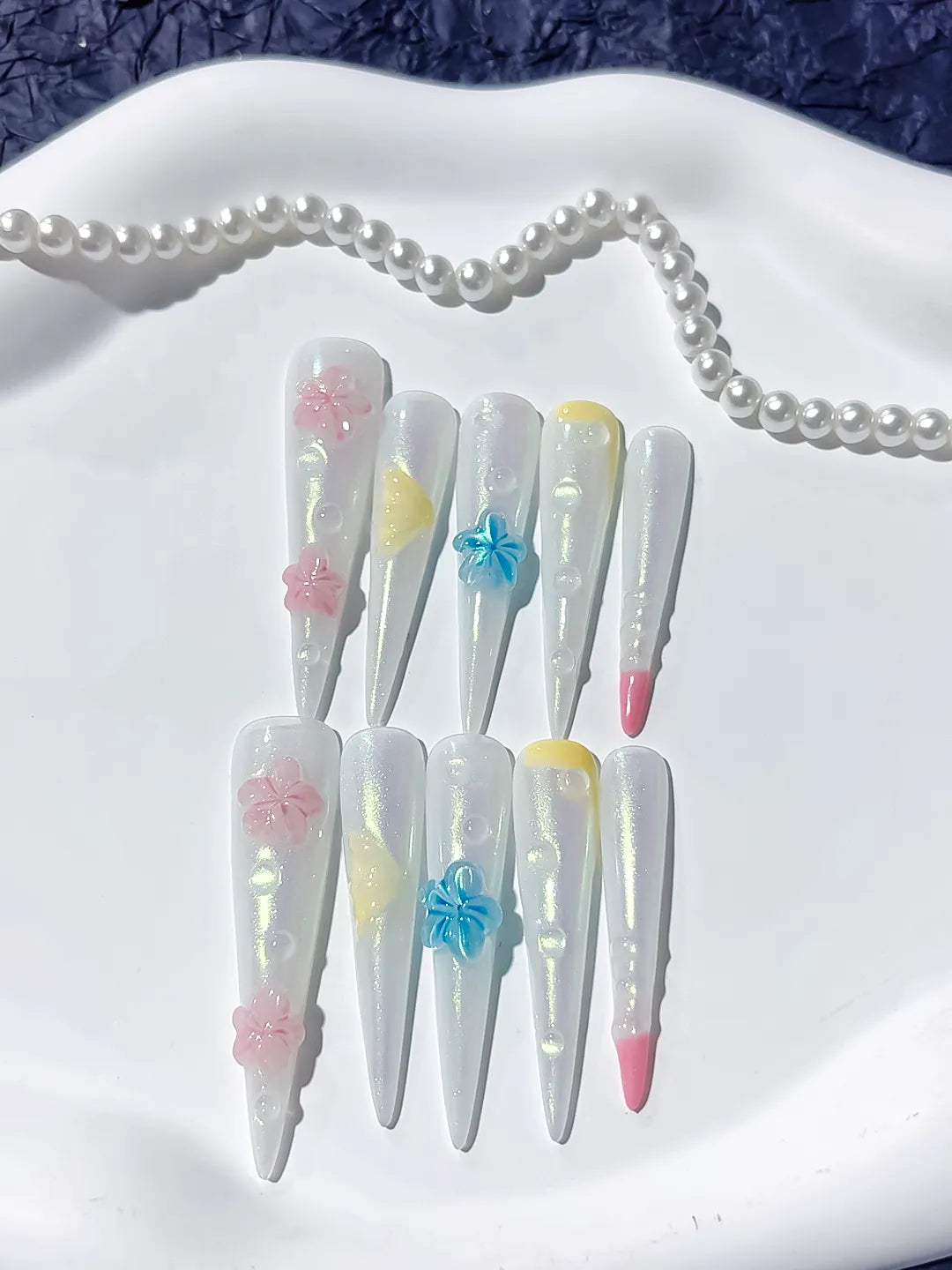 Long White Pink Stiletto Holographic Flower Pearl