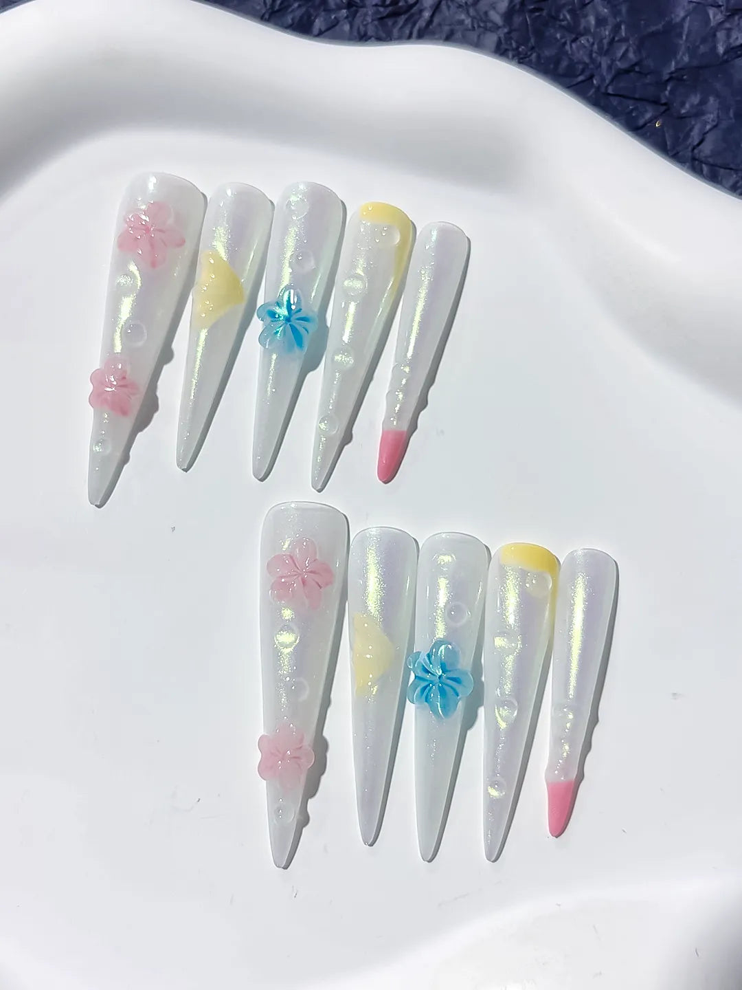 Long White Pink Stiletto Holographic Flower Pearl