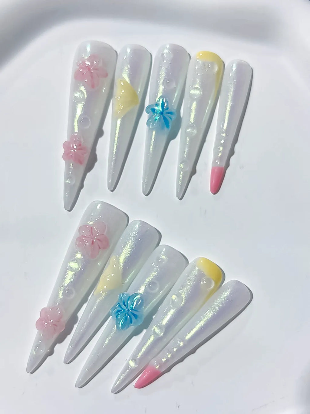 Long White Pink Stiletto Holographic Flower Pearl