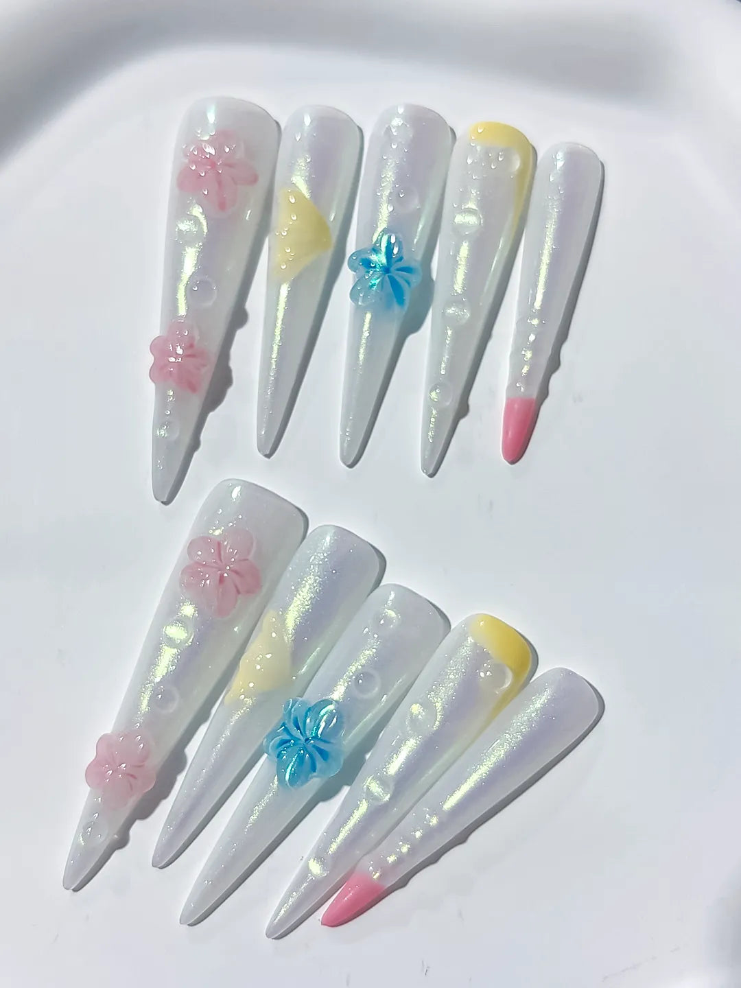 Long White Pink Stiletto Holographic Flower Pearl