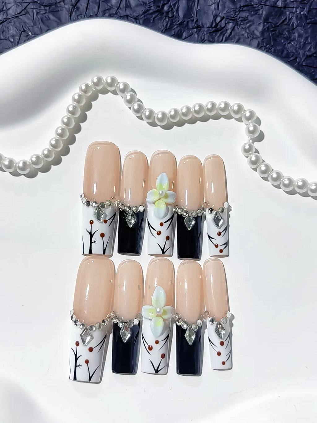 Long Nude White Square Abstract Flower Rhinestone