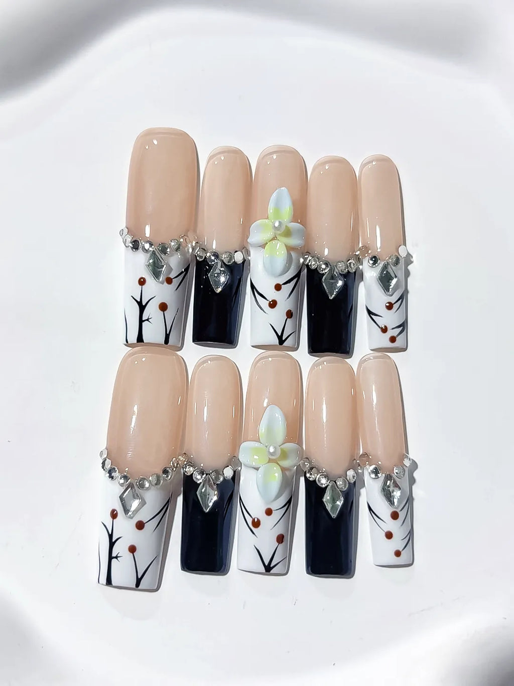 Long Nude White Square Abstract Flower Rhinestone