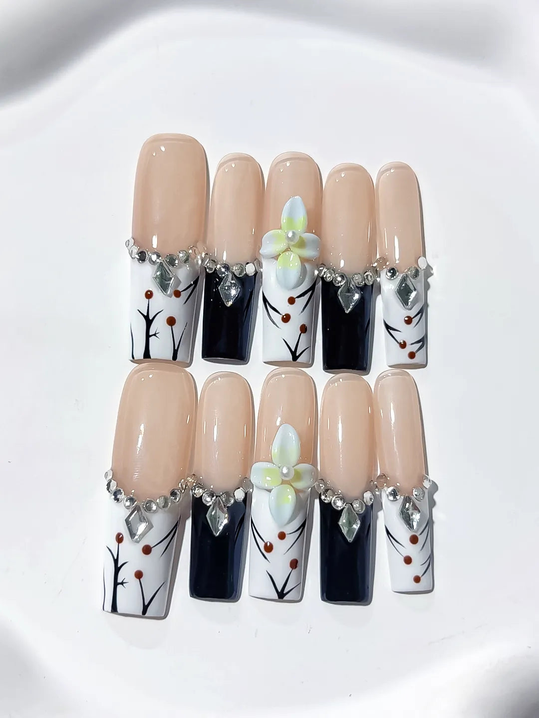 Long Nude White Square Abstract Flower Rhinestone