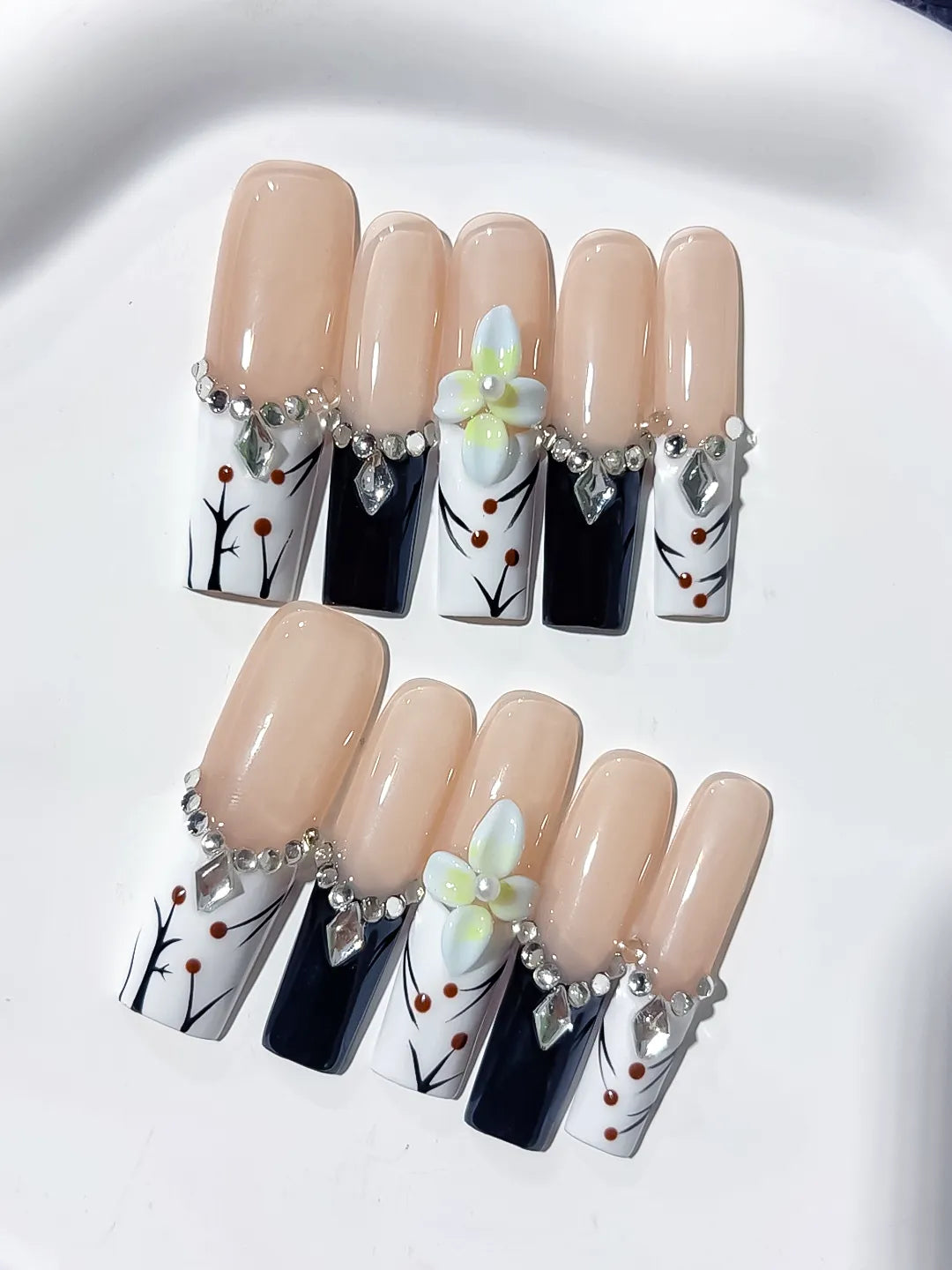 Long Nude White Square Abstract Flower Rhinestone