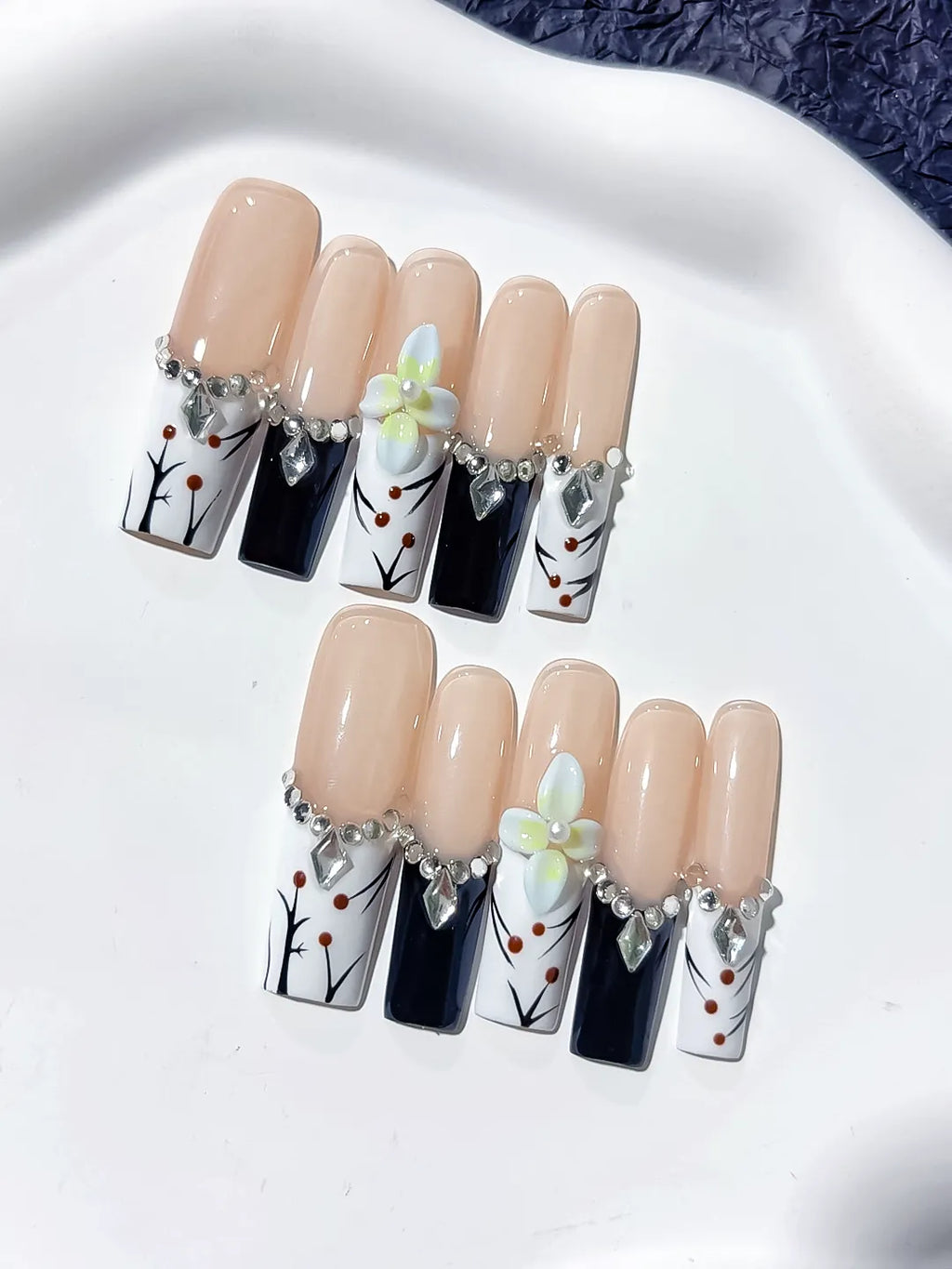 Long Nude White Square Abstract Flower Rhinestone