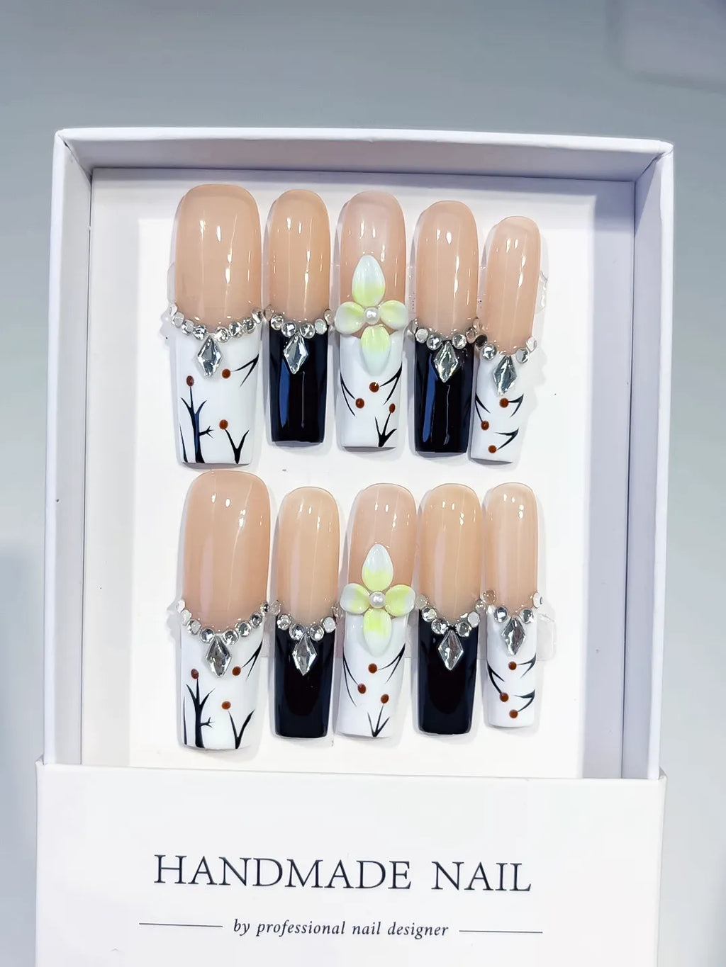 Long Nude White Square Abstract Flower Rhinestone