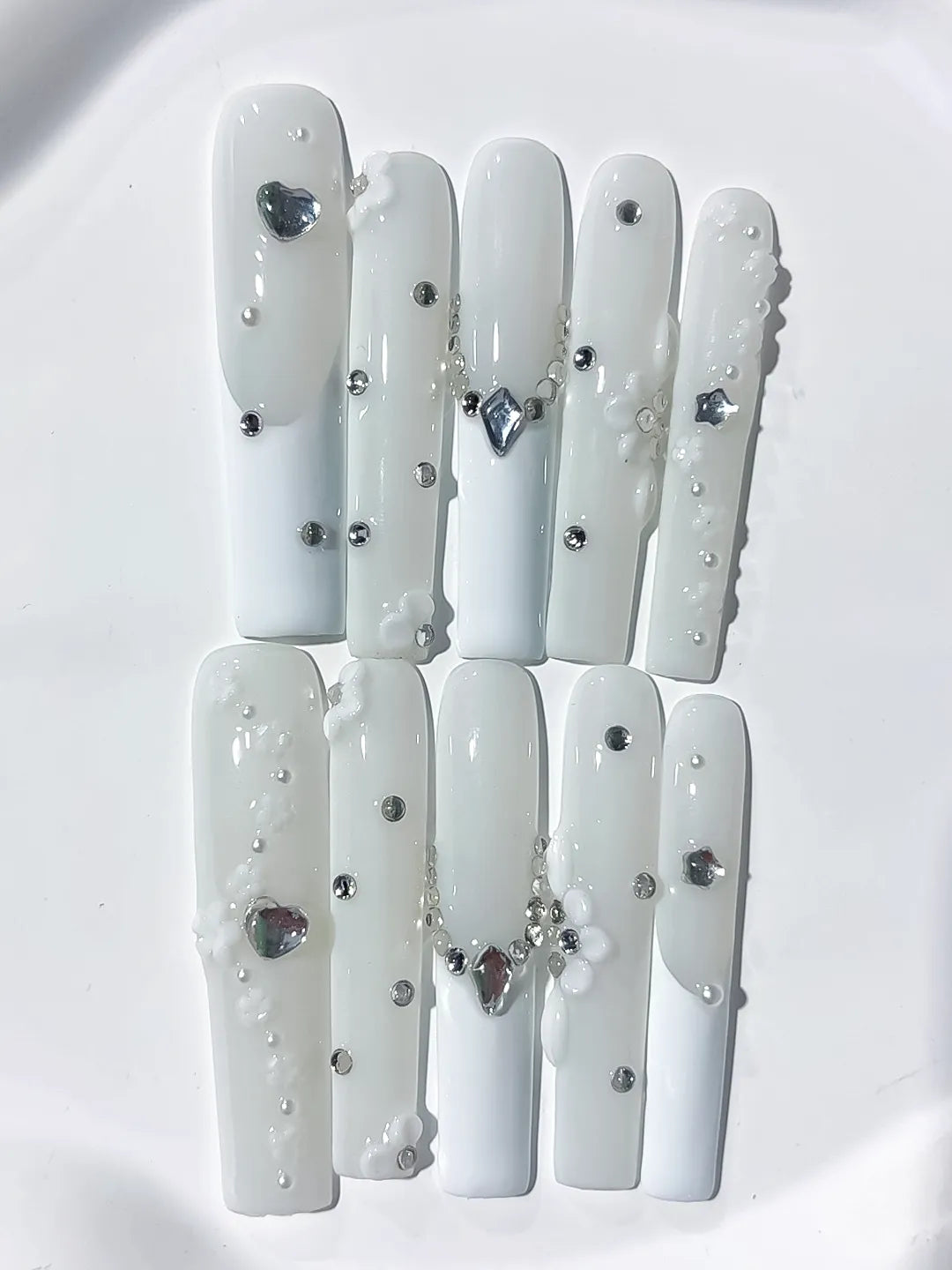 Long White Silver Square Solid color Heart Flower