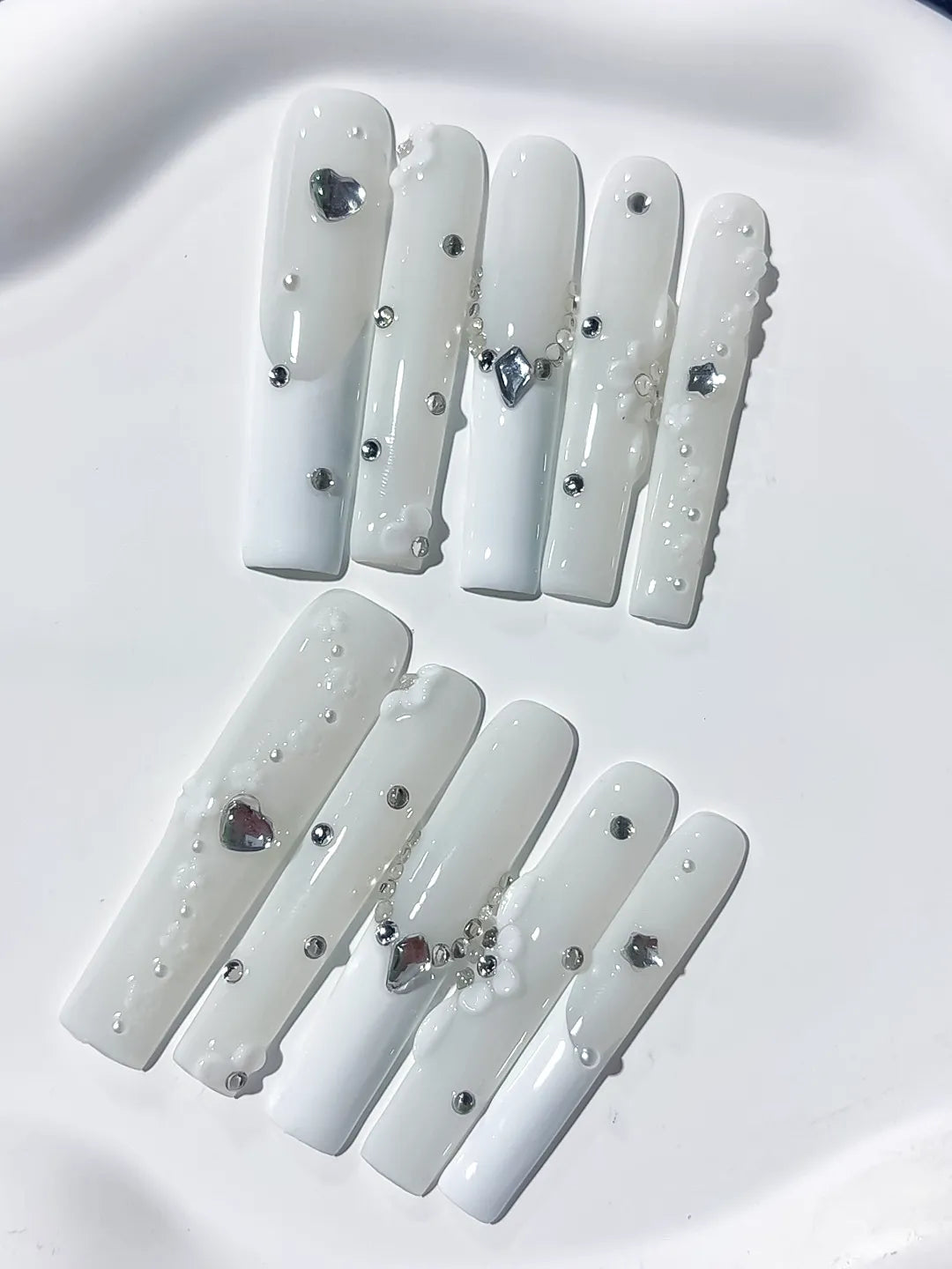 Long White Silver Square Solid color Heart Flower