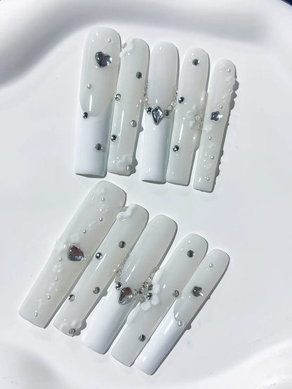 Long White Silver Square Solid color Heart Flower
