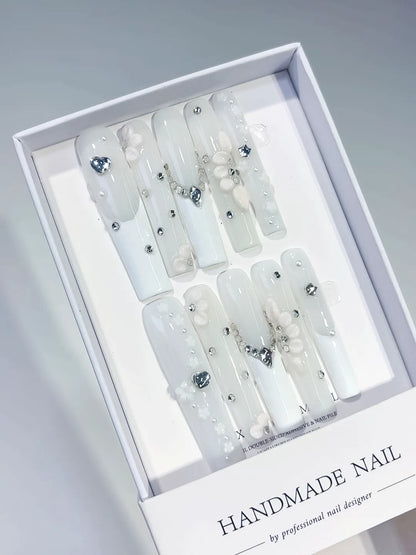 Long White Silver Square Solid color Heart Flower