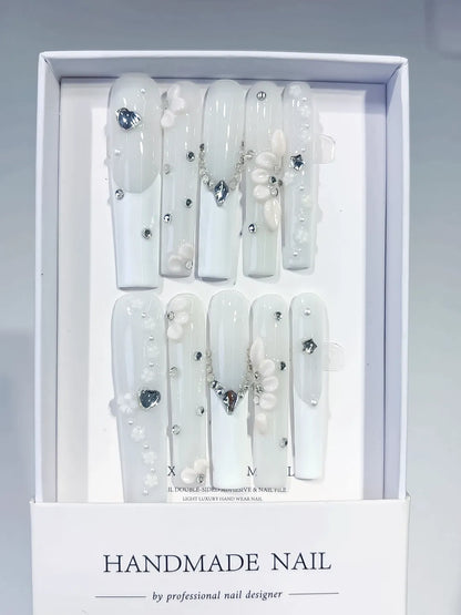 Long White Silver Square Solid color Heart Flower