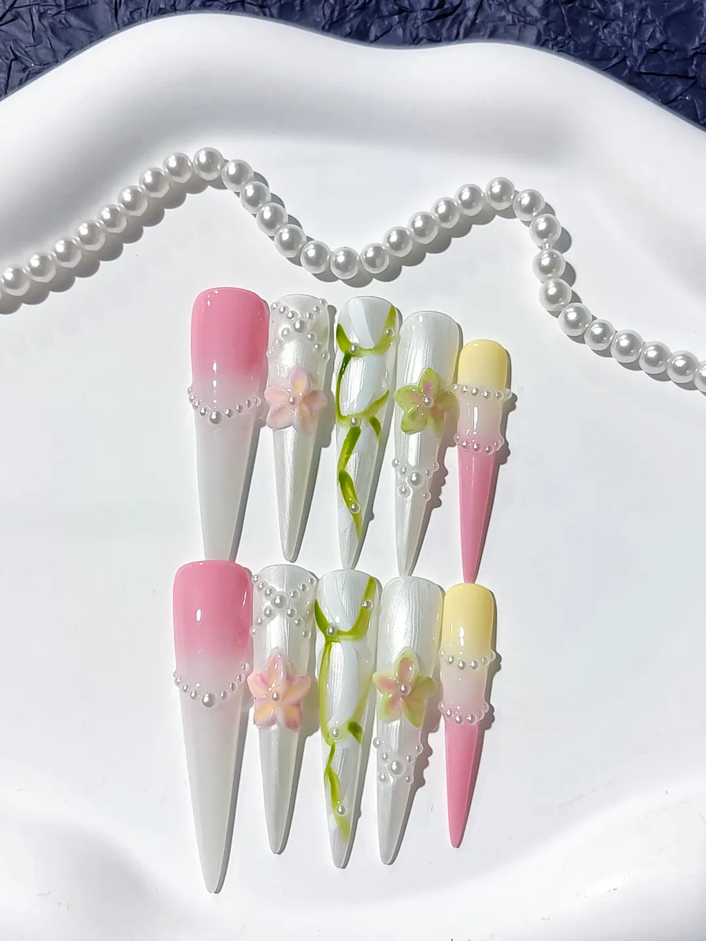 Long White Pink Stiletto Abstract Flower Pearl