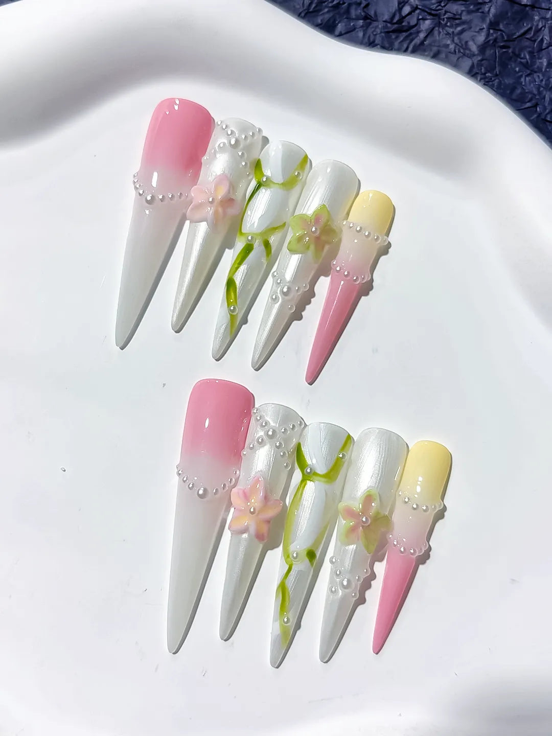 Long White Pink Stiletto Abstract Flower Pearl