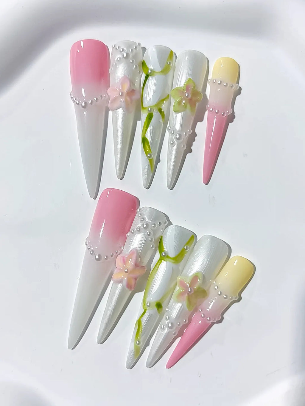 Long White Pink Stiletto Abstract Flower Pearl