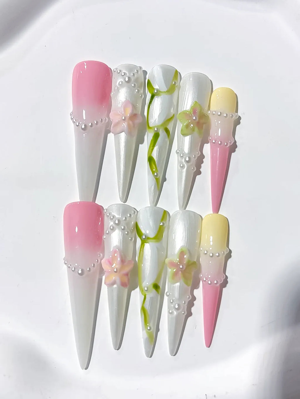 Long White Pink Stiletto Abstract Flower Pearl
