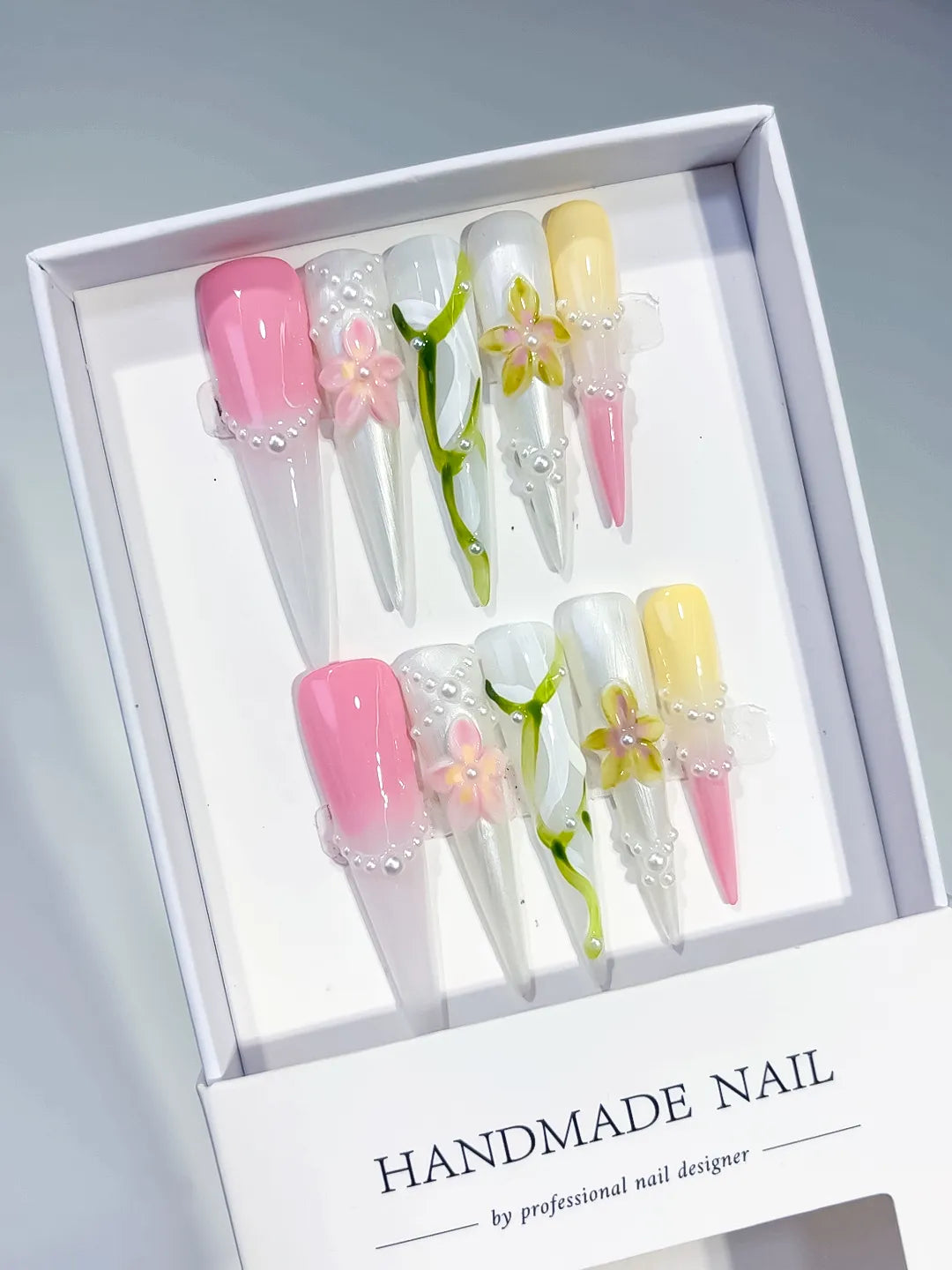 Long White Pink Stiletto Abstract Flower Pearl