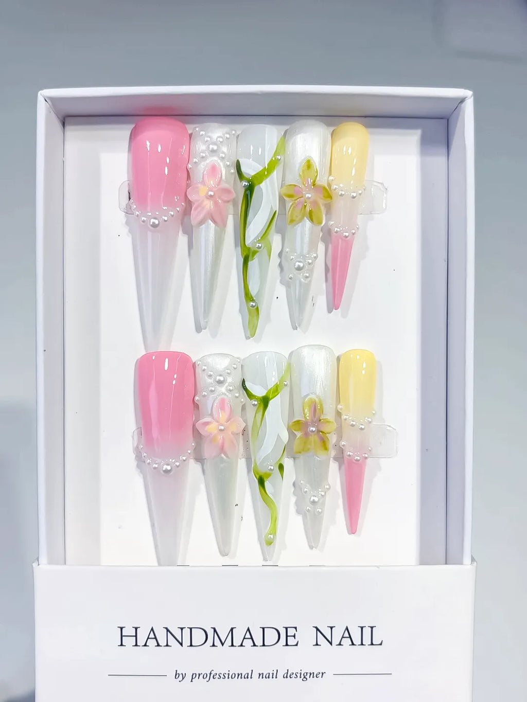Long White Pink Stiletto Abstract Flower Pearl